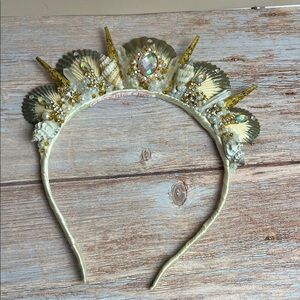 Ivory Gold Crystal Quartz Mermaid Crown Sea Shell Hair Head Alice Band
